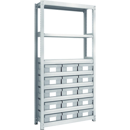 TRUSCO Steel Light-Medium-Duty Boltless Shelf M2 Type Resin Neo-Gray Drawer Included W860 x D300 x H1800 Large x 15 M2-6338-F15 1 Unit