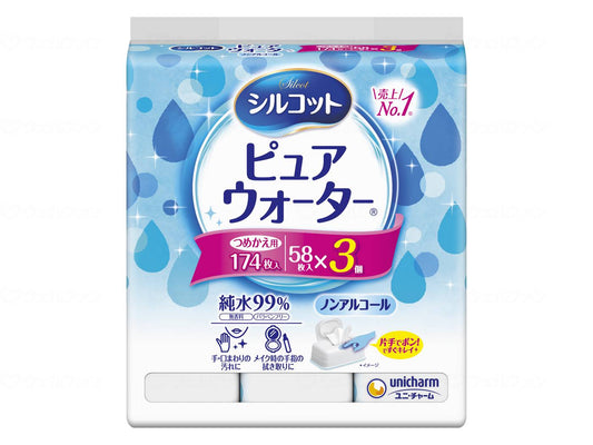 Unicharm Silcot Pure Water Wet Tissue Refill 58 sheets x 3 bags