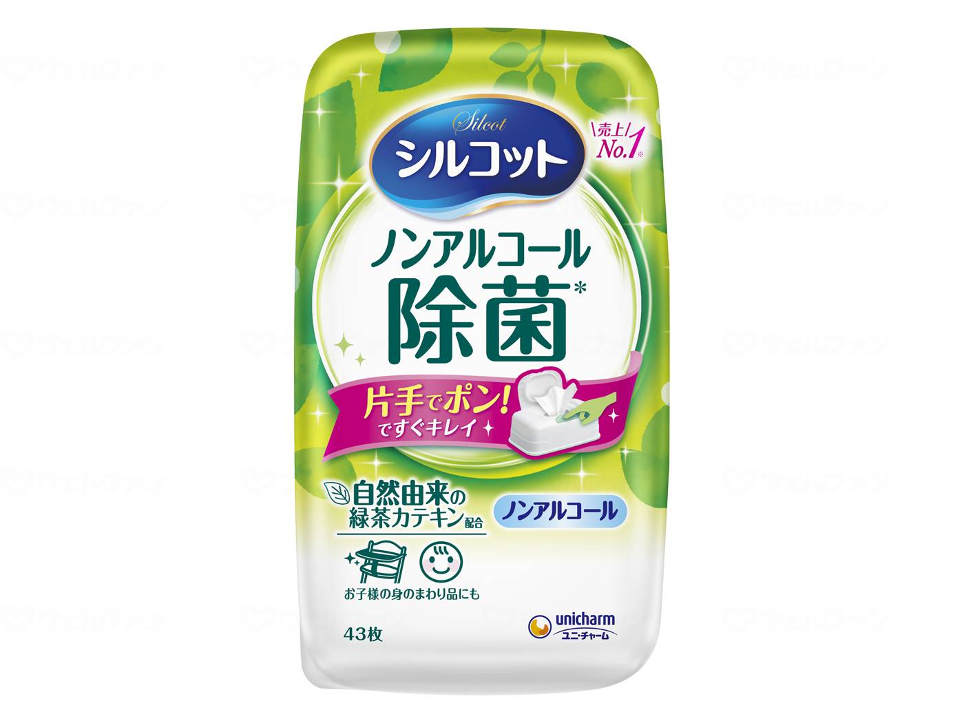 Unicharm Silcot Antibacterial Wet Tissues, Non-Alcoholic, 43 Sheets, Unit