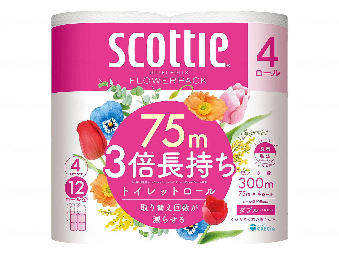 Nippon Paper Crecia Scotty Flower Pack 3x Longer Lasting 4 Rolls (Double) Case 75m