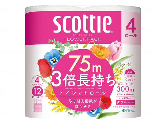 Nippon Paper Crecia Scotty Flower Pack 3x Longer Lasting 4 Rolls (Double) Case 75m
